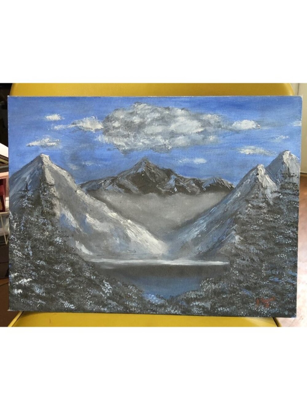 Vintage Landscape Painting Lake Mountain Scene Blues Clouds Snow signed